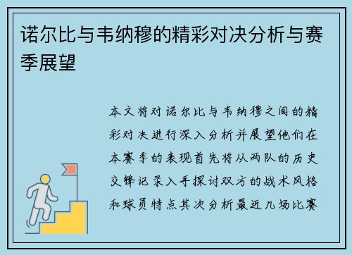 诺尔比与韦纳穆的精彩对决分析与赛季展望
