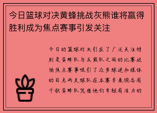 今日篮球对决黄蜂挑战灰熊谁将赢得胜利成为焦点赛事引发关注