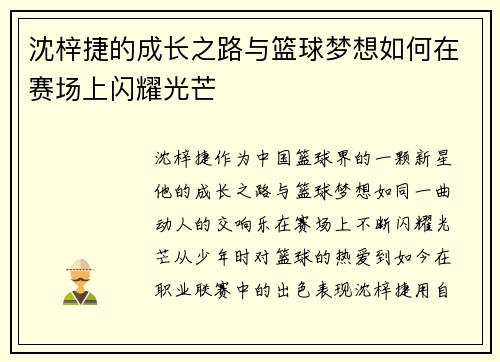 沈梓捷的成长之路与篮球梦想如何在赛场上闪耀光芒