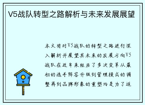 V5战队转型之路解析与未来发展展望