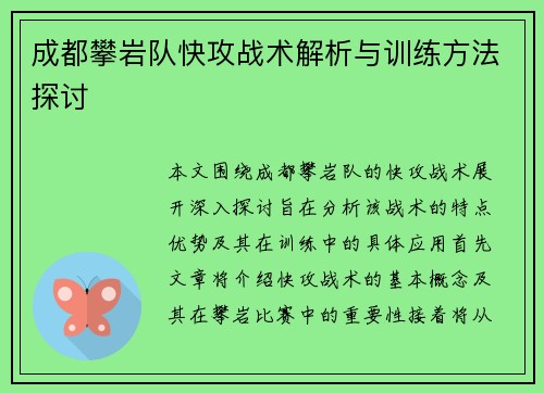 成都攀岩队快攻战术解析与训练方法探讨