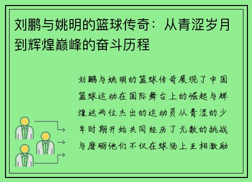 刘鹏与姚明的篮球传奇：从青涩岁月到辉煌巅峰的奋斗历程