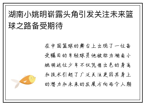 湖南小姚明崭露头角引发关注未来篮球之路备受期待