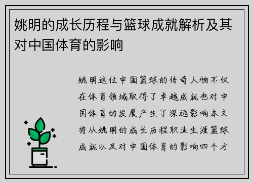 姚明的成长历程与篮球成就解析及其对中国体育的影响