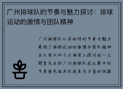 广州排球队的节奏与魅力探讨：排球运动的激情与团队精神