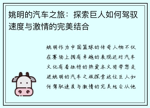 姚明的汽车之旅：探索巨人如何驾驭速度与激情的完美结合