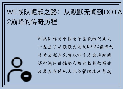 WE战队崛起之路：从默默无闻到DOTA2巅峰的传奇历程