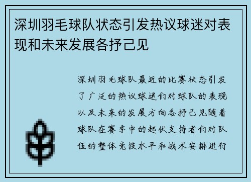 深圳羽毛球队状态引发热议球迷对表现和未来发展各抒己见