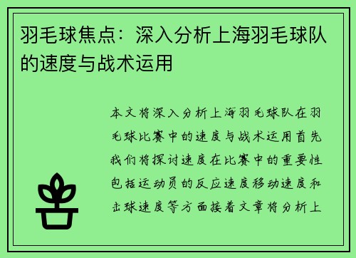 羽毛球焦点：深入分析上海羽毛球队的速度与战术运用