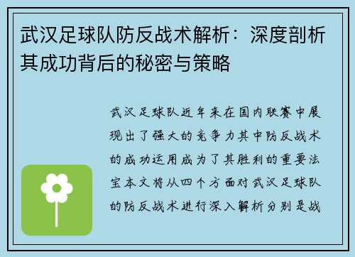 武汉足球队防反战术解析：深度剖析其成功背后的秘密与策略