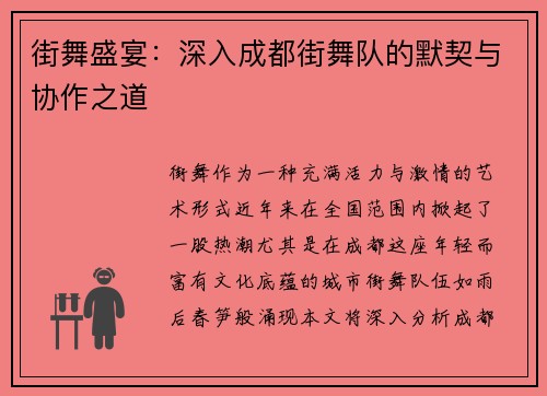 街舞盛宴：深入成都街舞队的默契与协作之道